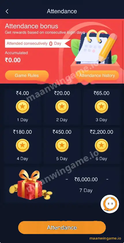 Maanwin daily check-in attendance ladder with rewards for day 1 to day 7, Game Rules and Attendance history
