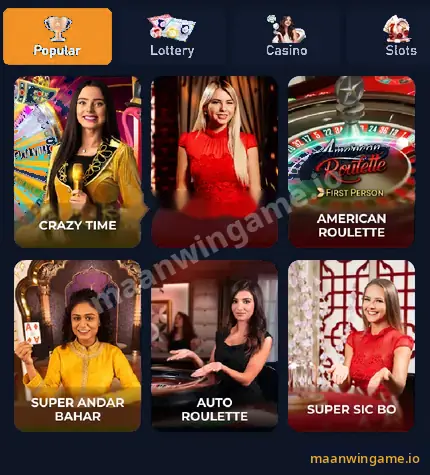 Maanwin live casino tables: Crazy Time, Dragon Tiger, American Roulette, Super Andar Bahar, Auto Roulette and Super Sic Bo