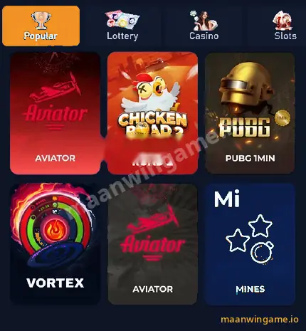 Maanwin crash games: Aviator, Chicken Road 2, PUBG 1 Min, Vortex and Mines tiles