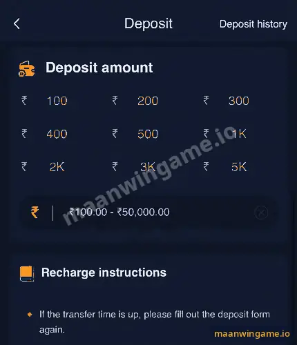 Maanwin deposit screen with quick amounts from 100 rupees to 5K, an amount field and recharge instructions