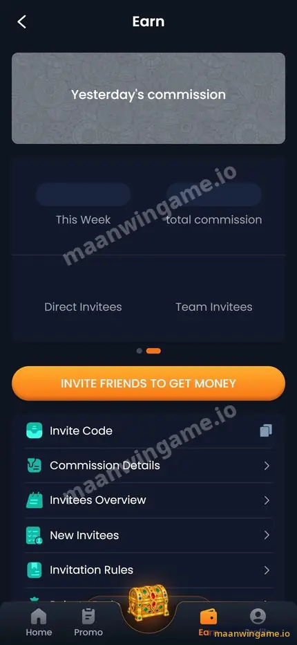 Maanwin Earn page with commission summary, direct and team invitees, Invite friends to get money button, Invite Code and Invitation Rules