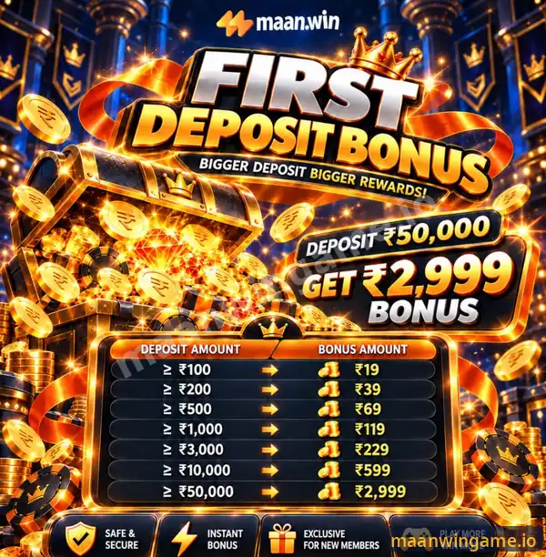 Maanwin First Deposit Bonus poster: deposit 100 rupees get 19, 200 get 39, 500 get 69, 1,000 get 119, 3,000 get 229, 10,000 get 599 and 50,000 get 2,999