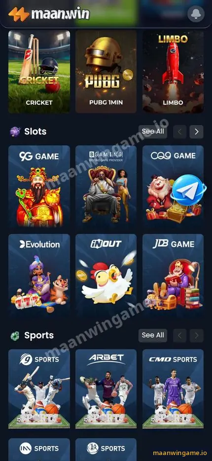 Maanwin games lobby with crash titles, slots providers such as 9G, CQ9, Evolution, InOut and JDB, and sports books