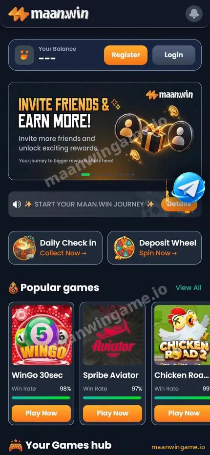 Maanwin home screen with Your Balance, Register and Login buttons, Invite Friends banner, Daily Check in and Deposit Wheel tiles and Popular games