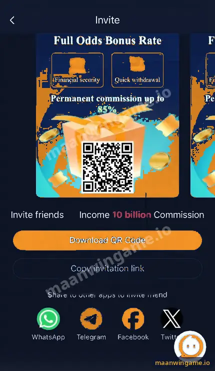 Maanwin invite screen with commission banner, invitation QR code, Download QR Code and Copy invitation link buttons and share icons