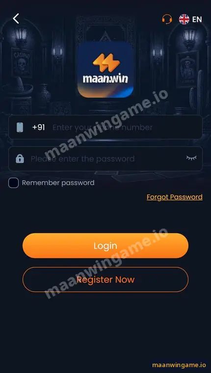 Maanwin login screen with +91 phone number field, password, Remember password, Forgot Password, Login and Register Now buttons