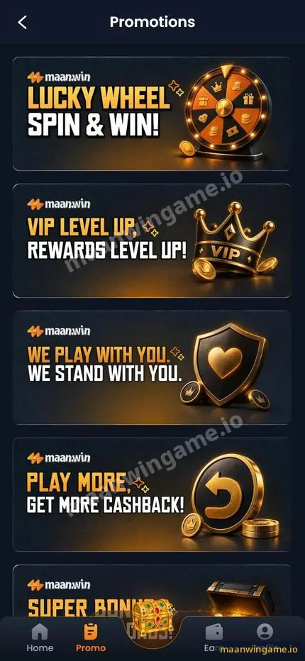 Maanwin Promotions page with Lucky Wheel, VIP Level Up, We Play With You, Play More Get More Cashback and Super Bonus banners