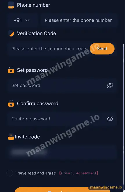 Maanwin register form with phone number, verification code, set password, confirm password, invite code and privacy agreement fields