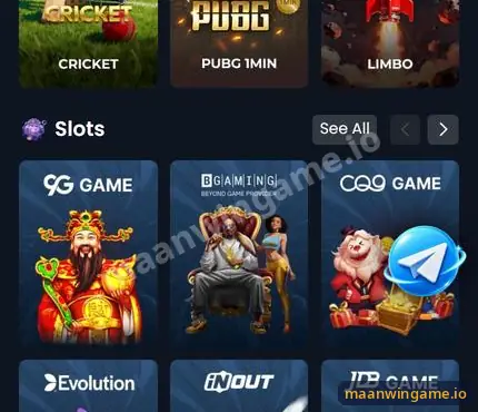 Maanwin slots section with provider tiles for 9G Game, CQ9, Evolution, InOut and JDB Game