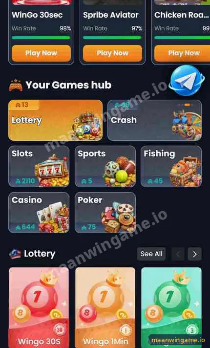 Maanwin Your Games hub with Lottery, Crash, Slots, Sports, Fishing, Casino and Poker tiles and the Wingo 30S, 1Min and 3Min lottery rooms