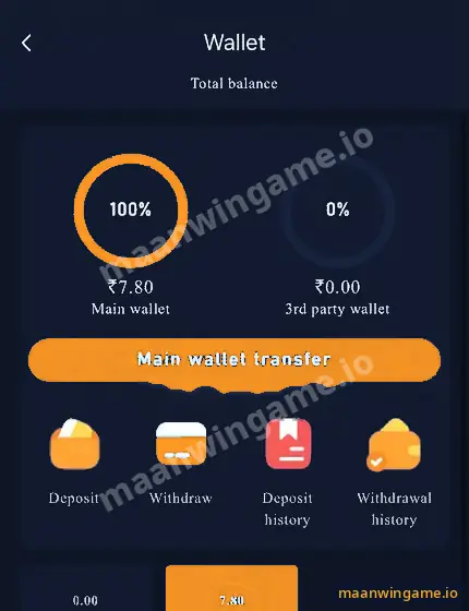 Maanwin wallet screen with main wallet balance, main wallet transfer and Deposit, Withdraw, Deposit history and Withdrawal history buttons